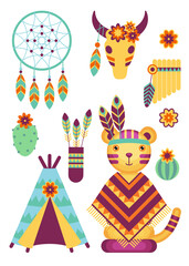 Set of vector cartoon icons with toys in the theme of the American Indians on a white bakground. Children's holiday, kids' party, stickers, games.