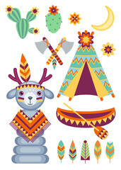 Set of vector cartoon icons with toys in the theme of the American Indians on a white bakground. Children's holiday, kids' party, stickers, games.