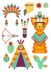 Naklejka premium Заголовок: Set of vector cartoon icons with toys in the theme of the American Indians on a white bakground. Children's holiday, kids' party, stickers, games.