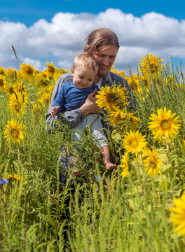 Father and son in sunflower field 