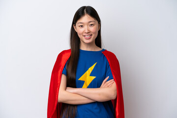Super Hero Chinese woman isolated on white background keeping the arms crossed in frontal position