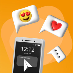 The volumetric illustration of social media and communication in the smarthone with messages, emoji and heart; The editable banner with smartphone screen on orange background