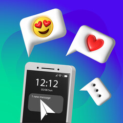 Vector 3d illustration of social media and communication in the smarthone with messages, emoji and heart; The editable banner with smartphone screen on blue background