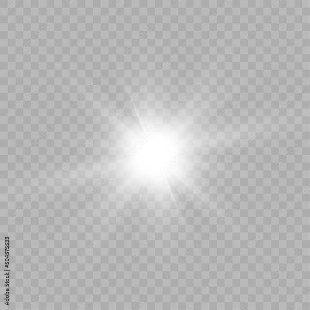 Poster Light effect white glowing light. Solar flare. Glow effect. Starburst with shimmering sparkles.