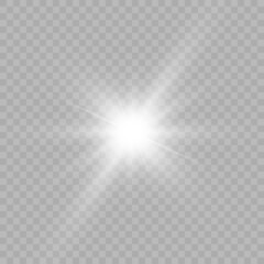 Light effect white glowing light. Solar flare. Glow effect. Starburst with shimmering sparkles.