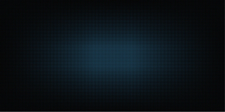 Creative panoramic abstract textures background for design. Dark template made of small blur circles on black background with vignetting. Polka dots. Halftone. Pop art texture.