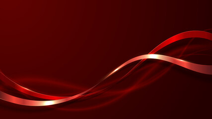 Abstract elegant 3D luxury red color ribbon wave line decoration and glitter lighting on gradient red background