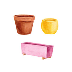 Flower pot on a white background. Watercolor illustration. Pink rectangular pot on a wooden stand. A garden item. The decorative pot is ideal for printing, posters, postcard and scrapbooking design