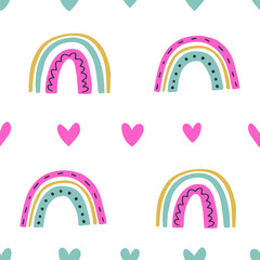 Seamless pattern of rainbows. Cute vector illustration. Groovy print for graphic tee in retro style. Cover of planner, bullet journal, decor for children’s room, textile, greeting card. Flat elements.