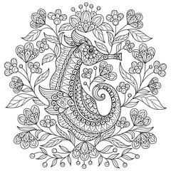 Sea horse and flowers hand drawn for adult coloring book © kaewta