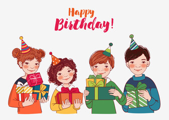 Smiling kids with presents. Happy Birthday vector illustration. Cute boys and girls