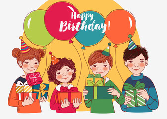 Smiling kids with presents. Happy Birthday vector illustration. Cute boys and girls

