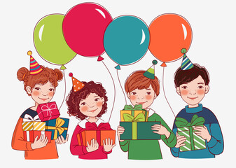 Smiling kids with presents. Happy Birthday vector illustration. Cute boys and girls