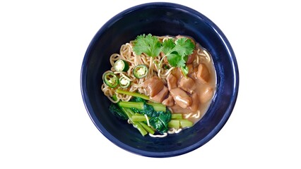 Top view egg noodle with chicken gravy sauce isolate on white background. Asian food style.