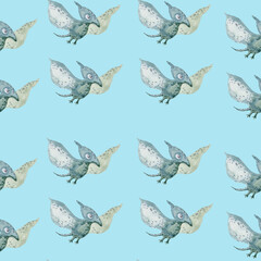 Seamless pattern with cute dinosaur. Parasaurolophus and pterodactyl in kawaii style.  © Lena
