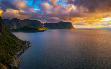 Aerial view of Senja Island in northern Norway at sunset