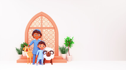 3D Illustration Of Young Man With His Son Holding Sheep, Goat, Plant Pots And Copy Space On White Background For Islamic Festival Concept.