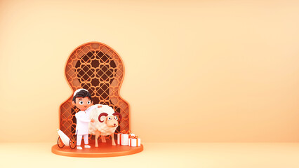 3D Islamic Young Boy Holding Sheep With Cannon, Gift Boxes, Islamic Window And Copy Space On Pastel Peach Background.
