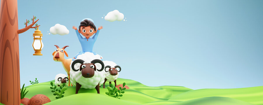3D Illustration Of Islamic Young Boy Sitting At Cartoon Sheep With Goat, Arabic Lantern Hanging Tree And Copy Space On Blue And Green Background.
