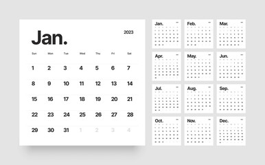 Classic monthly calendar for 2023. Calendar in the style of minimalist square shape. The week starts on Sunday. - obrazy, fototapety, plakaty