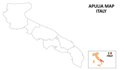 Apulia Map. State and district map of Apulia. Political map of Apulia with outline and black and white design.
