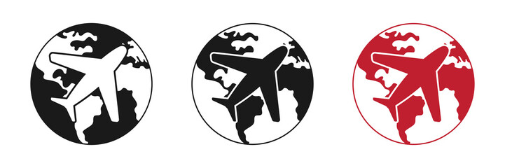 Airplane and globe icons set. the plane flies around the earth. Illustration.