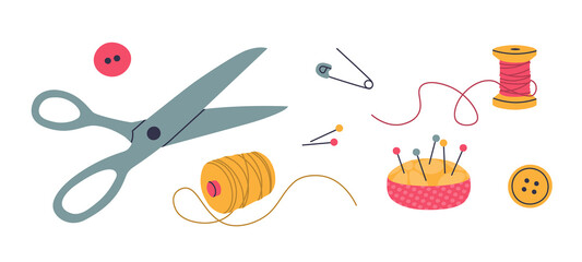 Sewing tools - scissors, thread, pin, needle bar, safety pins and buttons. Vector isolated elements ideal for your design.