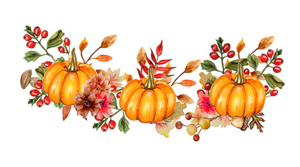 Watercolorfall autum composition with pumpkin