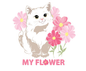 A charming cute white kitty with big eyes stands in pink flowers on a white 