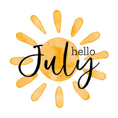 Hello July - Watercolor textured simple vector sun icon. Vector illustration, greeting card for beginning of summer, welcoming poster design. © Caelestiss
