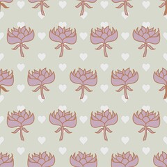 Pale pink flowers and white hearts cute vector seamless repeat pattern on a beige background