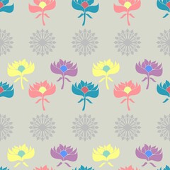 Multicolored flower art in a graphic style in a vector seamless pattern on grey