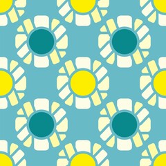 Bold blue and yellow geometric shapes graphic flowers vector seamless repeat pattern