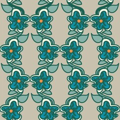 Turquoise floral vector seamless repeat pattern with heavy outlines and earth tone background