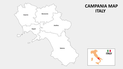 Campania Map. State and district map of Campania. Administrative map of Campania with district and capital in white color.