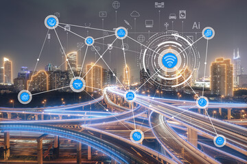 Abstract point and line connection design, big data connection, the technical concept of smart city in the future.