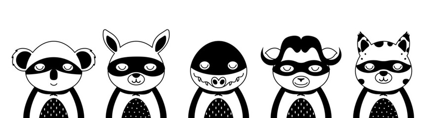 Cute super hero character animals. Desing for kids t-shirts, nursery decoration, greeting cards. Cute characters in scandinavian style. Black and white set of koala, kangaroo, crocodile, musk ox, lynx
