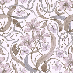 Blooming orchid. Seamless pattern hand-drawn in watercolor. Background with tropical flowers and leaves. Floral romantic feminine design