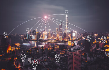 Smart city and abstract dot point connect with gradient line and aesthetic Intricate wave line design big data connection technology concept .