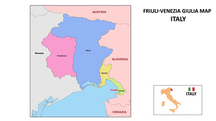 Friuli Venezia Giulia Map. State and district map of Friuli Venezia Giulia. Political map of Friuli Venezia Giulia with neighboring countries and borders.