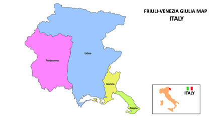 Friuli Venezia Giulia Map. District map of Friuli Venezia Giulia in District map of Friuli Venezia Giulia in color with capital.