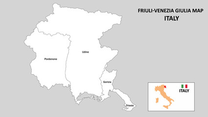 Friuli Venezia Giulia Map. State and district map of Friuli Venezia Giulia. Administrative map of Friuli Venezia Giulia with district and capital in white color.