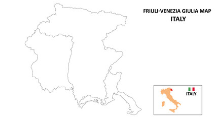Friuli Venezia Giulia Map. State and district map of Friuli Venezia Giulia. Political map of Friuli Venezia Giulia with outline and black and white design.