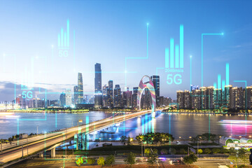 Smart city and abstract dot point connect with gradient line and aesthetic Intricate wave line design big data connection technology concept .
