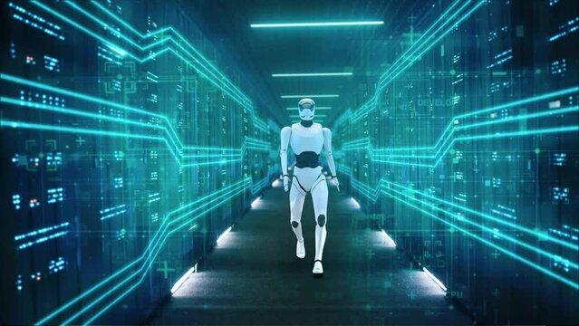 White android robot made in fx graphics walking on black tunnel with various running hi tech holograms around. Concept of artificial intelligence and virtual internet icons.