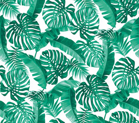 Fototapeta premium Seamless pattern with tropical palm leaves. Realistic style. Foliage summer background. Vector illustration.