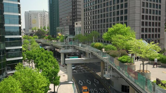 Seoul Station Seoullo 7017 Project turn a highway into a pedestrian walkway in Seoul, South Korea.elevated view