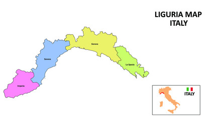 Liguria Map. District map of Liguria in District map of Liguria in color with capital. - obrazy, fototapety, plakaty