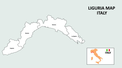 Liguria Map. State and district map of Liguria. Administrative map of Liguria with district and capital in white color. - obrazy, fototapety, plakaty