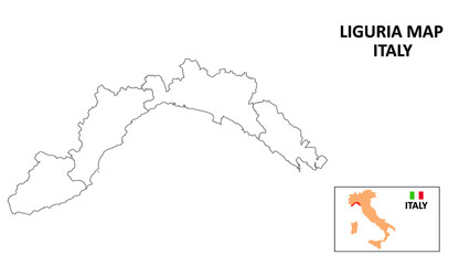 Liguria Map. State and district map of Liguria. Political map of Liguria with outline and black and white design. - obrazy, fototapety, plakaty